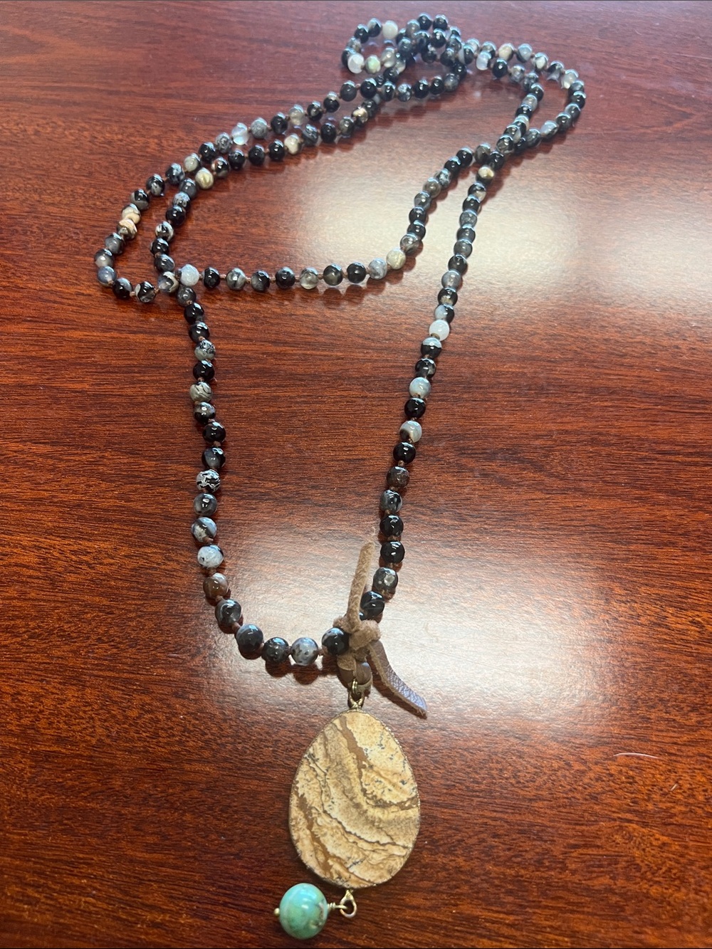 Beaded Brown Stone Pendant Necklace with Turquoise Accent